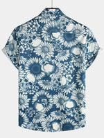 Chemise hawaïenne Rock and Roll bleue à manches courtes pour homme avec tête de mort et tournesol