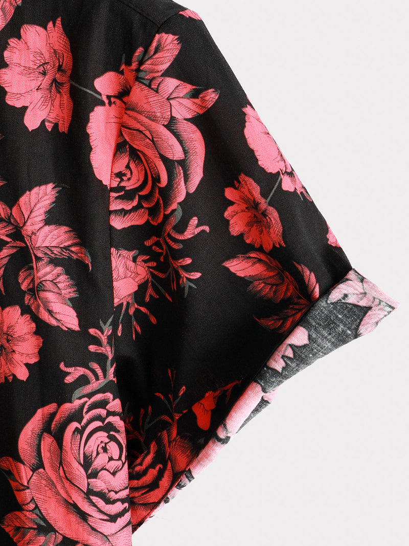 Chemise à manches courtes noire décontractée à imprimé fleuri pour hommes