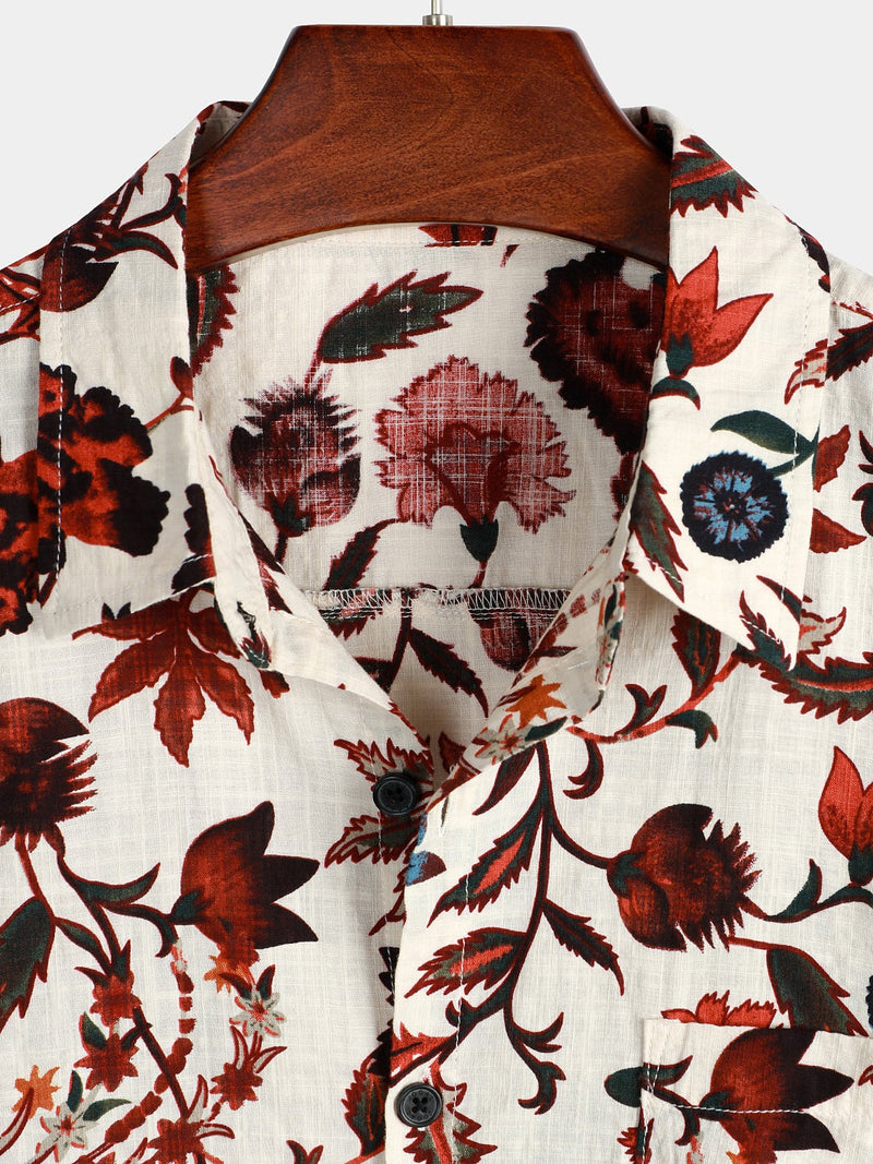 Chemise Hawaïenne Homme Beige Imprimé Floral Poche À Manches Courtes
