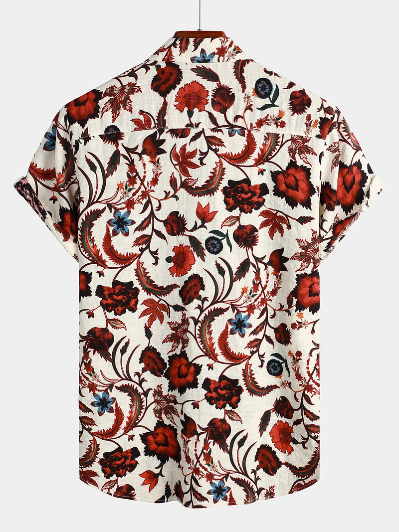 Chemise Hawaïenne Homme Beige Imprimé Floral Poche À Manches Courtes