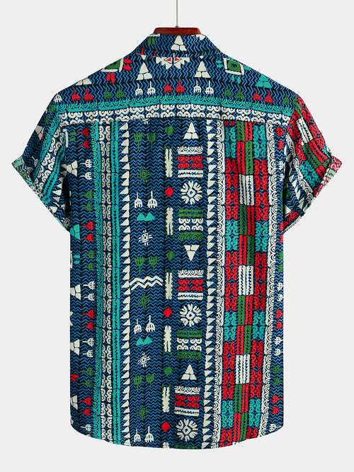 Chemise rétro à manches courtes bohème pour homme bleu marine