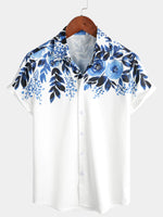 Chemise blanche à manches courtes à imprimé floral bleu pour homme Beach Cool Holiday Button Up