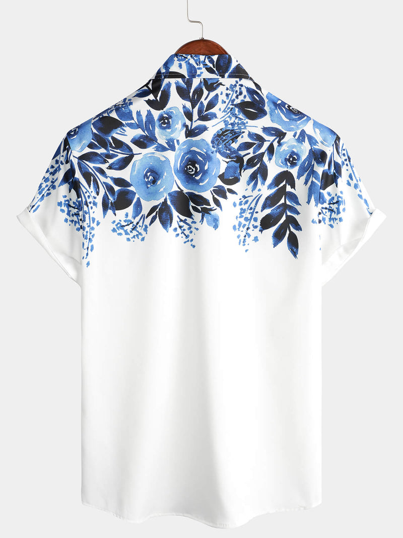 Chemise blanche à manches courtes à imprimé floral bleu pour homme Beach Cool Holiday Button Up