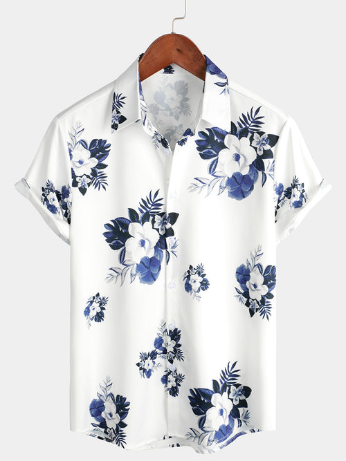 Lot de 3 | Chemises à manches courtes de plage blanches à imprimé floral et à rayures pour hommes