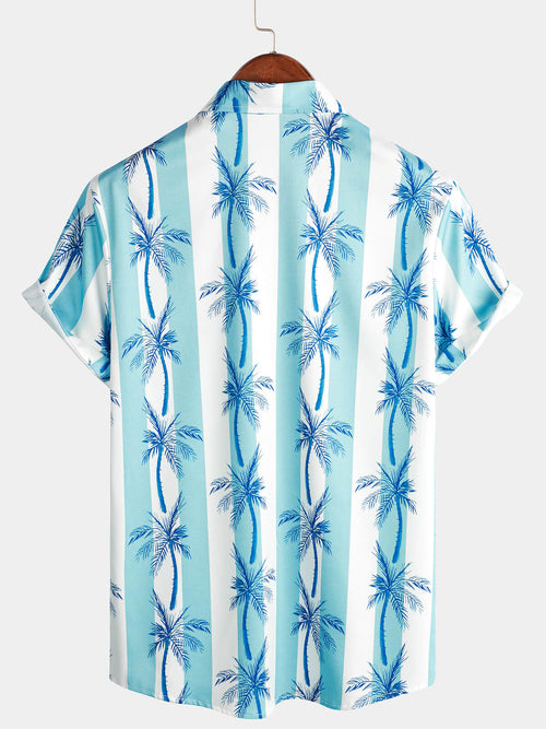 Chemise hawaïenne boutonnée à manches courtes à imprimé palmiers tropicaux pour hommes, blanc et bleu clair