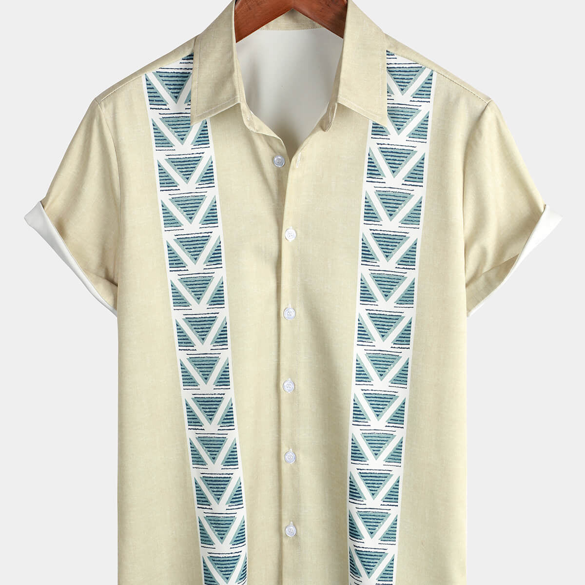 Chemise boutonnée à manches courtes vintage à rayures bleues géométriques pour hommes
