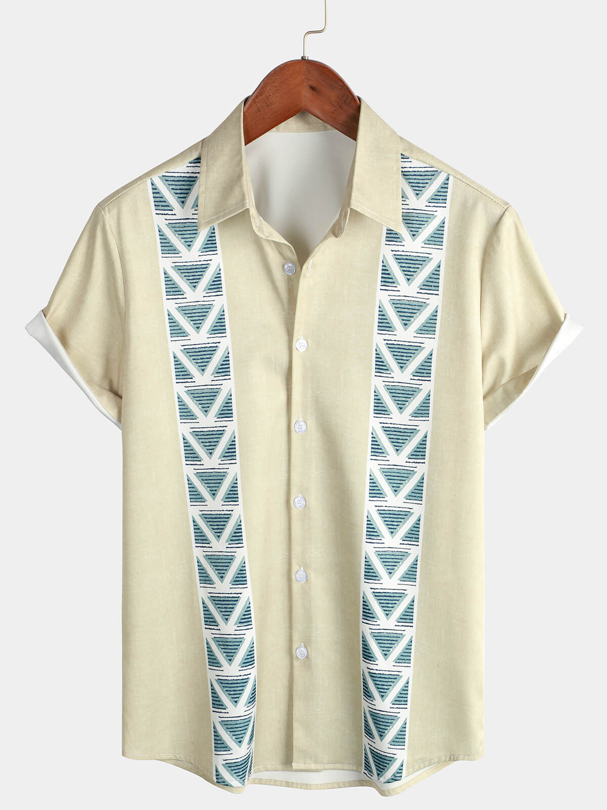 Chemise boutonnée à manches courtes vintage à rayures bleues géométriques pour hommes
