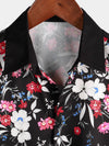 Chemise hawaïenne noire à manches courtes et boutons de vacances à fleurs roses pour hommes