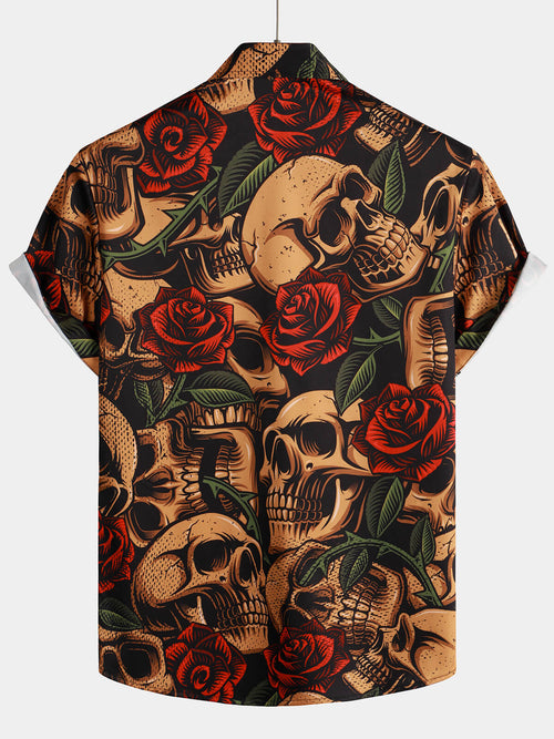Chemise à manches courtes hawaïenne pour homme Motif tête de mort Floral Rose Fleurs Rétro Marron