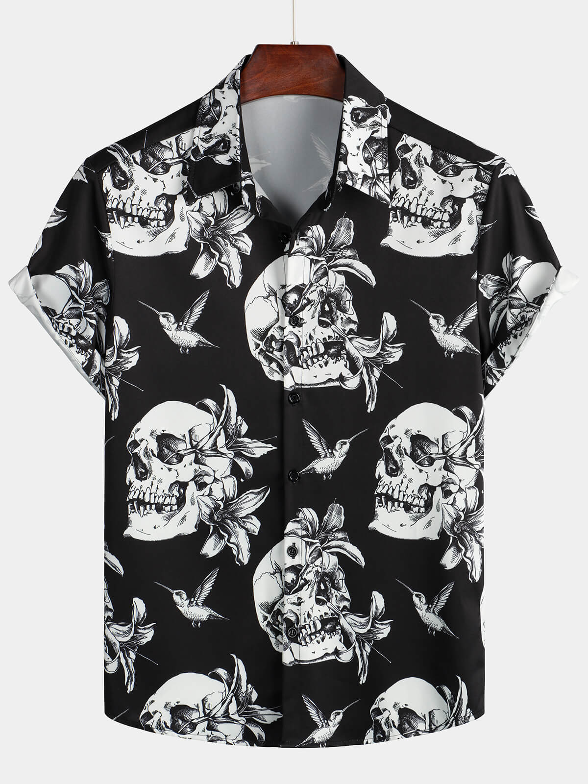 Chemise hawaïenne noire à manches courtes pour homme Skull Hummingbird Punk Rocker Cool Rock Button Up