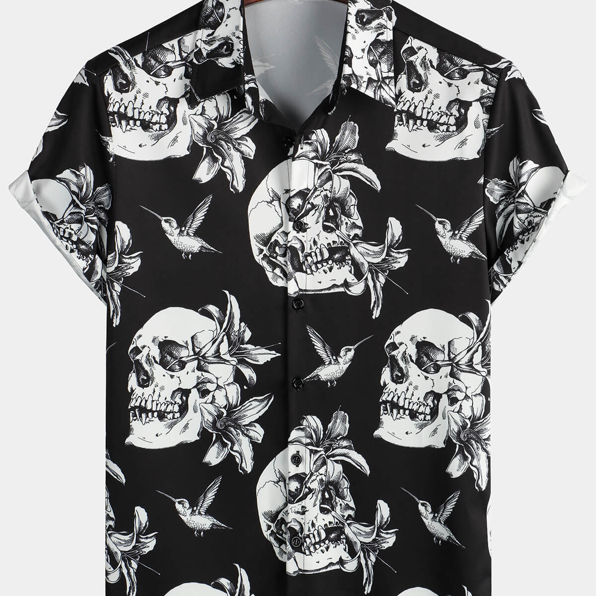 Chemise hawaïenne noire à manches courtes pour homme Skull Hummingbird Punk Rocker Cool Rock Button Up