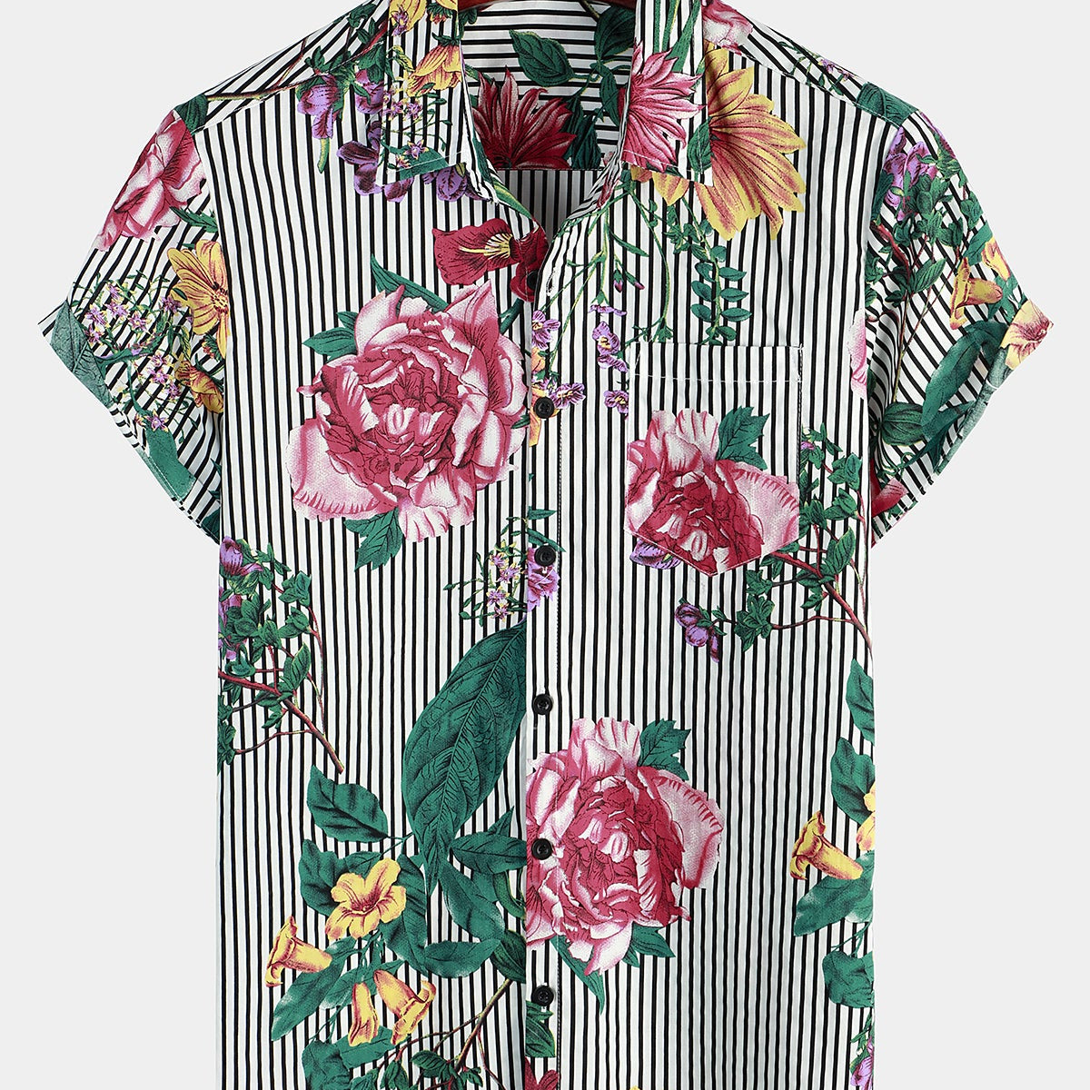 Chemise à manches courtes à imprimé hawaïen à rayures et à fleurs pour homme
