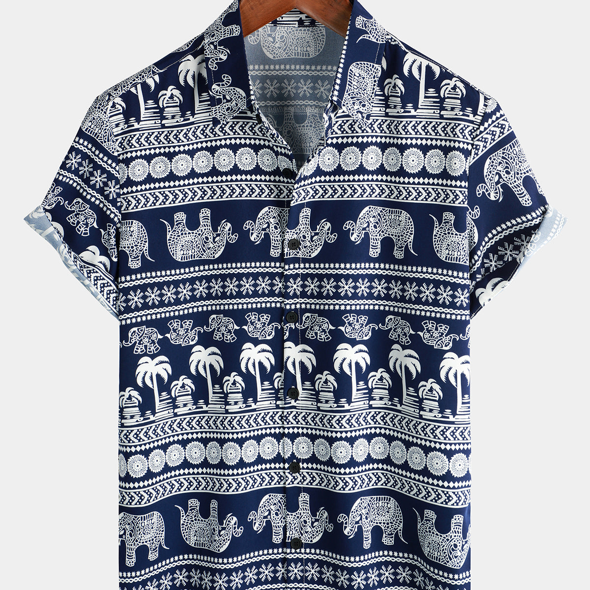 Chemise boutonnée vintage à manches courtes à imprimé graphique tribal Elephant Palm pour hommes