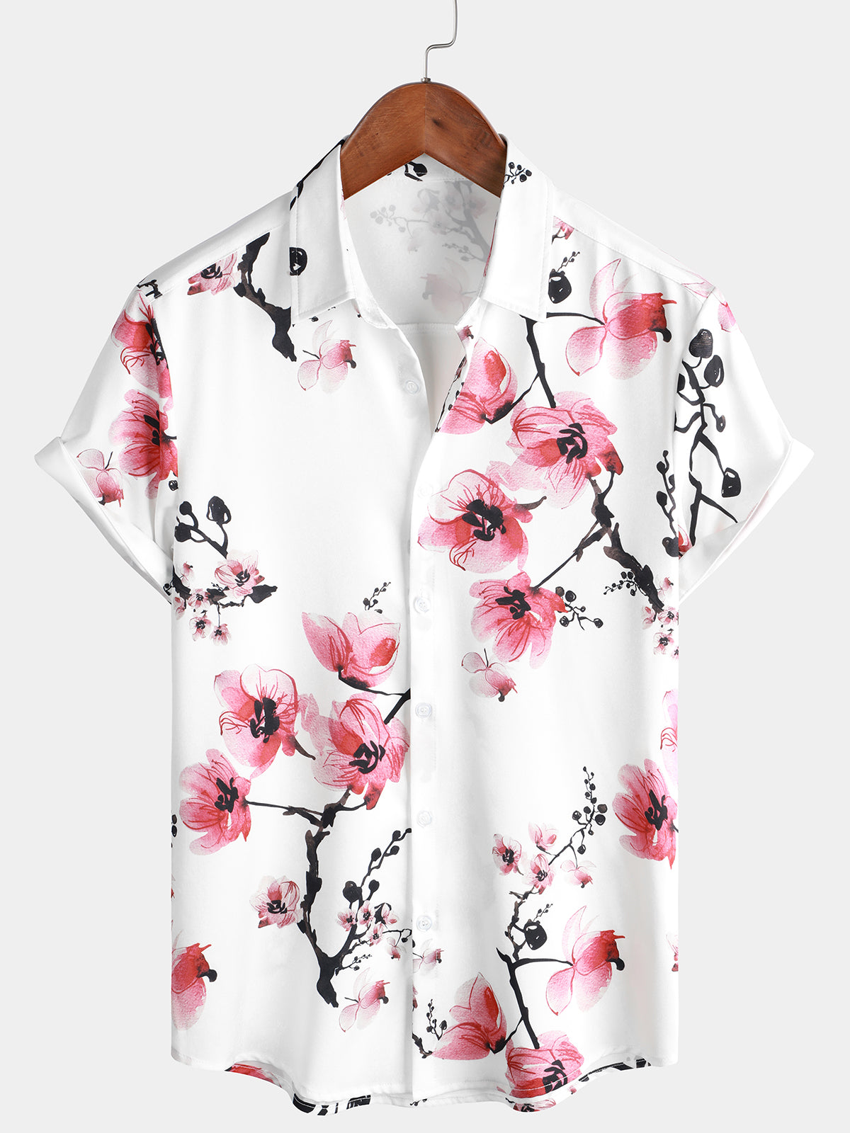 Chemise décontractée à manches courtes à fleurs de cerisier à imprimé floral rose pour hommes