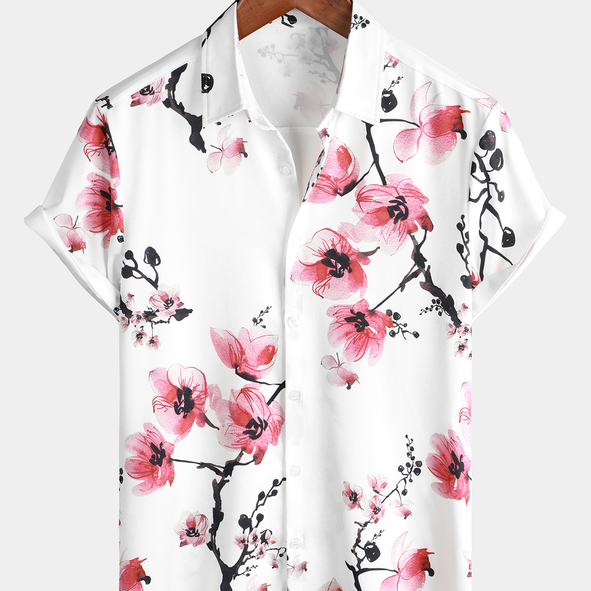 Chemise décontractée à manches courtes à fleurs de cerisier à imprimé floral rose pour hommes