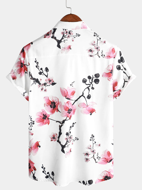 Chemise décontractée à manches courtes à fleurs de cerisier à imprimé floral rose pour hommes