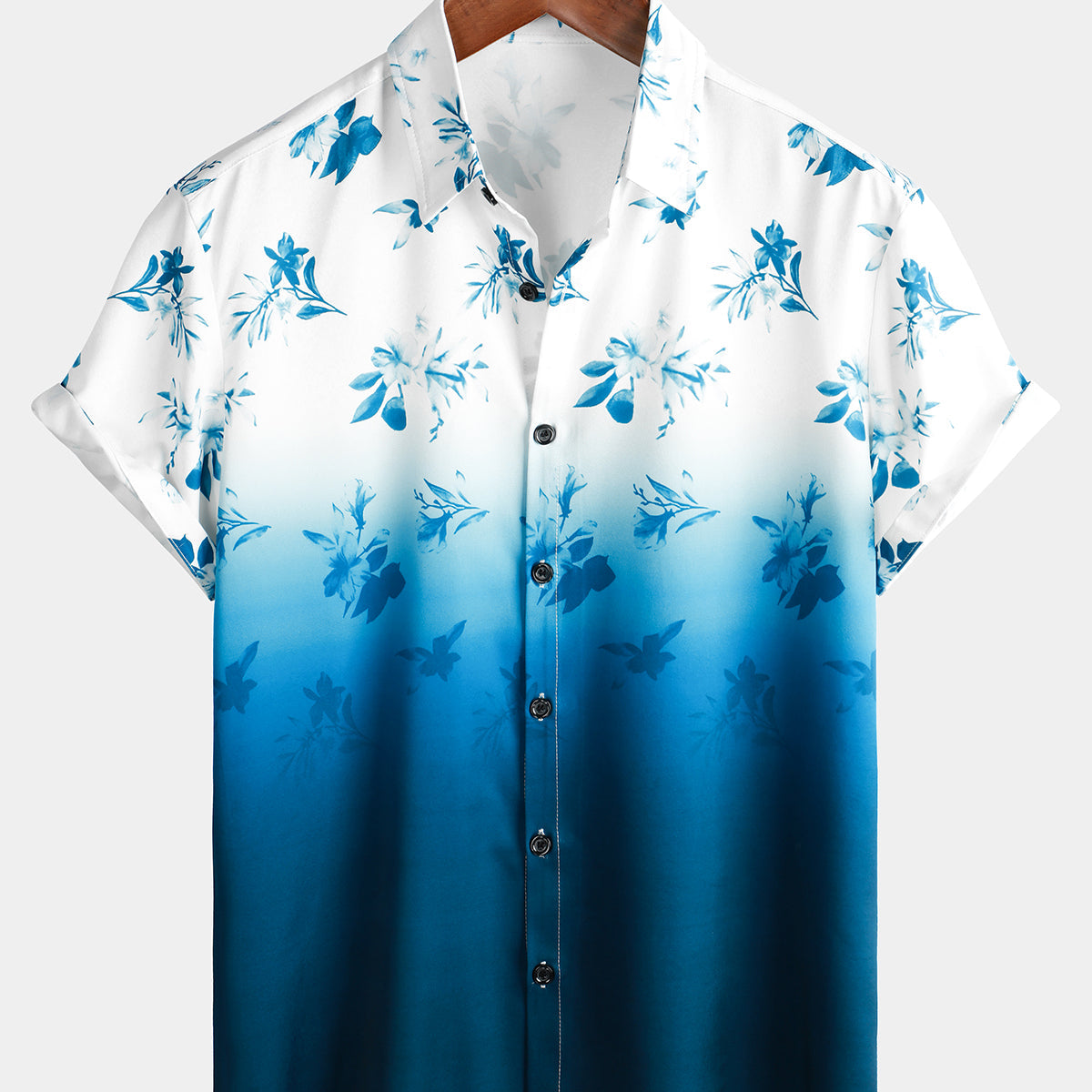Chemise hawaïenne de plage décontractée à fleurs bleues et blanches pour hommes