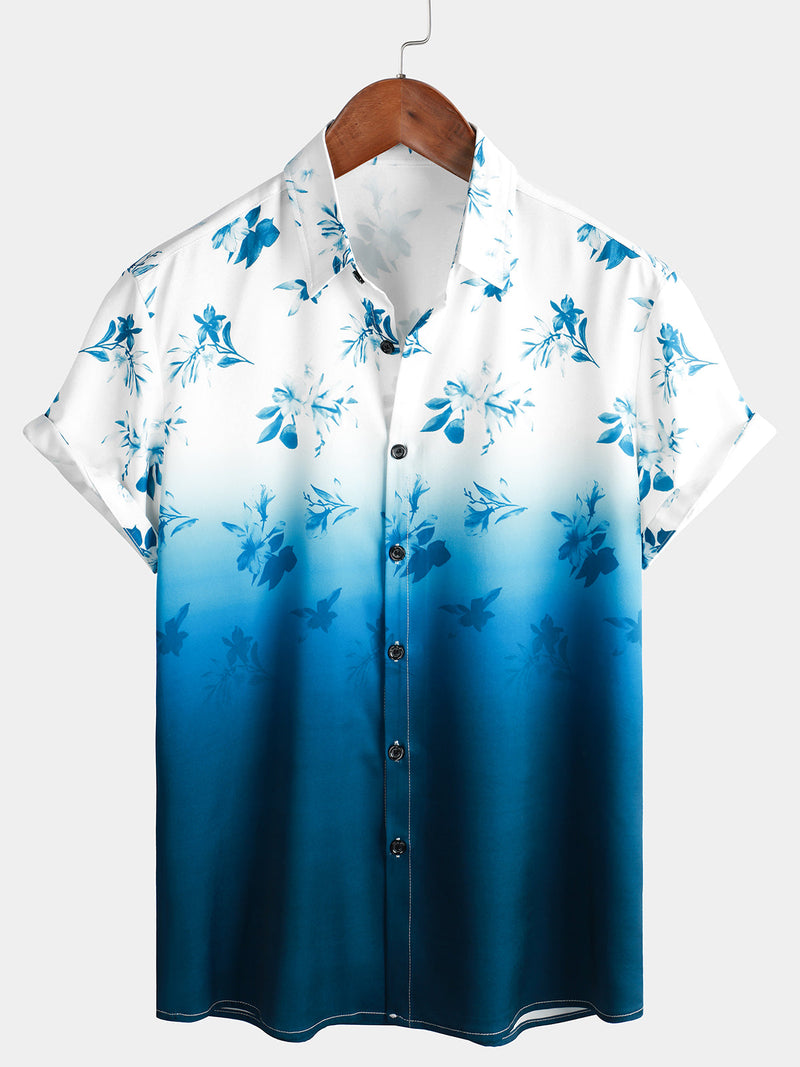Chemise hawaïenne de plage décontractée à fleurs bleues et blanches pour hommes
