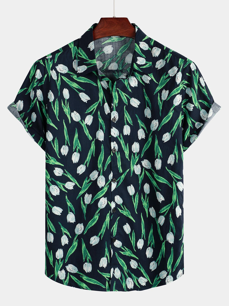 Chemise hawaïenne à manches courtes en coton à fleurs pour hommes