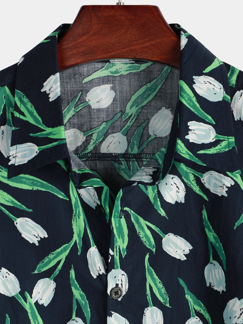 Chemise hawaïenne à manches courtes en coton à fleurs pour hommes