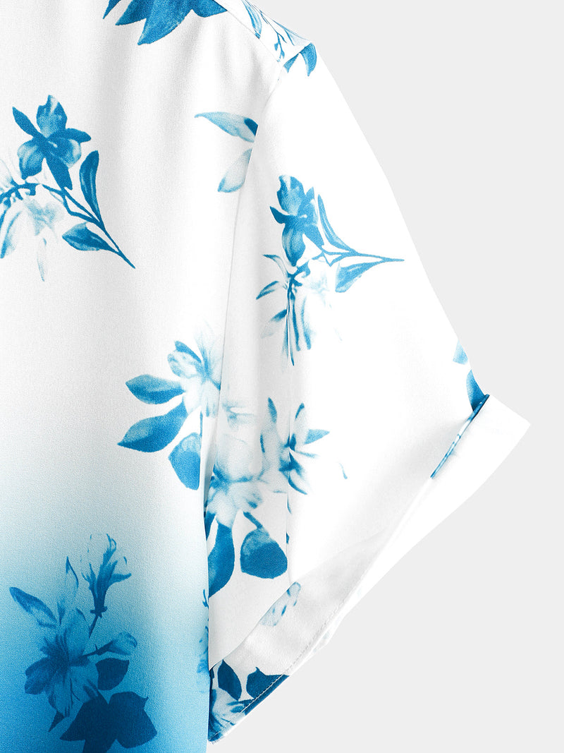 Chemise hawaïenne de plage décontractée à fleurs bleues et blanches pour hommes