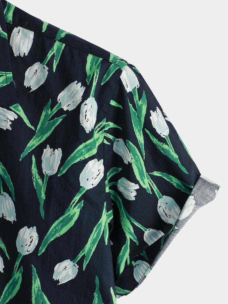 Chemise hawaïenne à manches courtes en coton à fleurs pour hommes