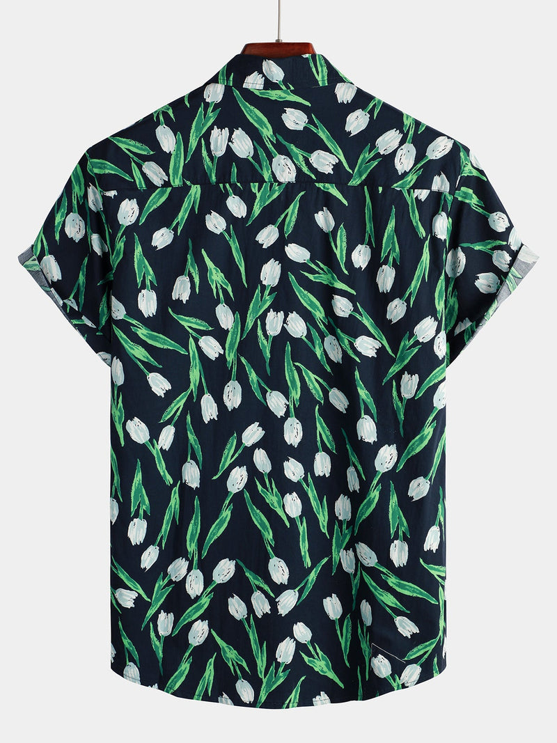 Chemise hawaïenne à manches courtes en coton à fleurs pour hommes