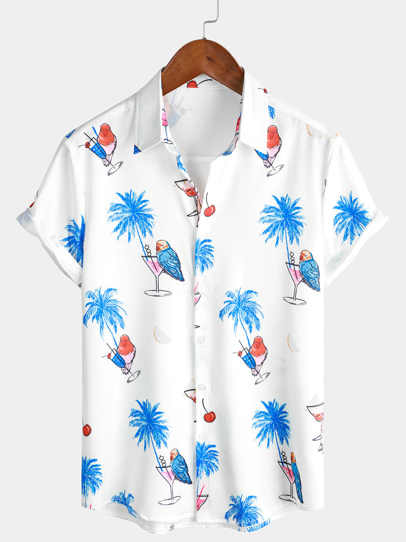 Chemise à manches courtes à manches courtes pour homme avec imprimé palmier tropical et perroquet