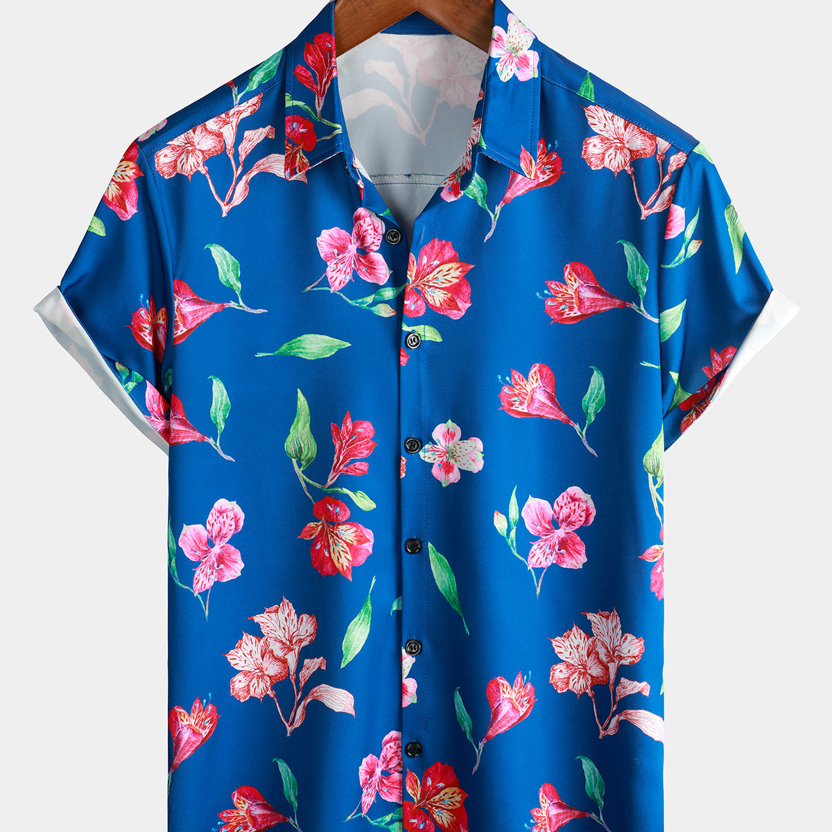 Chemise hawaïenne de plage d'art à manches courtes à fleurs bleues pour hommes