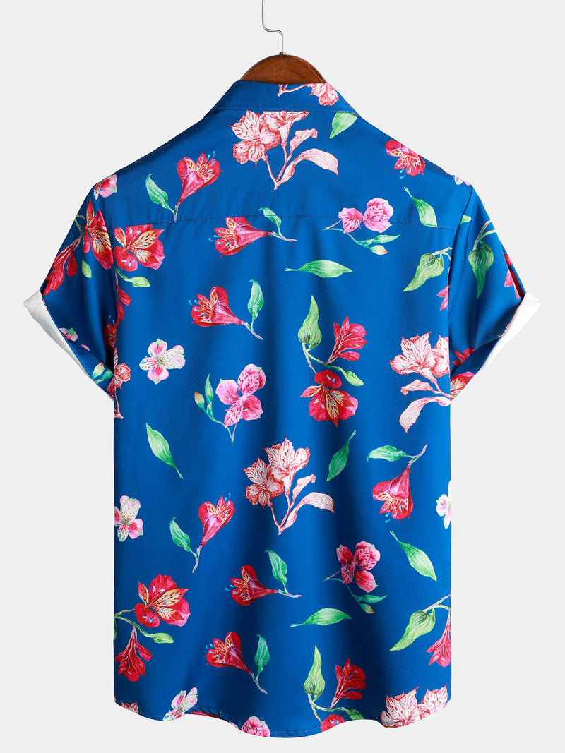 Chemise hawaïenne de plage d'art à manches courtes à fleurs bleues pour hommes