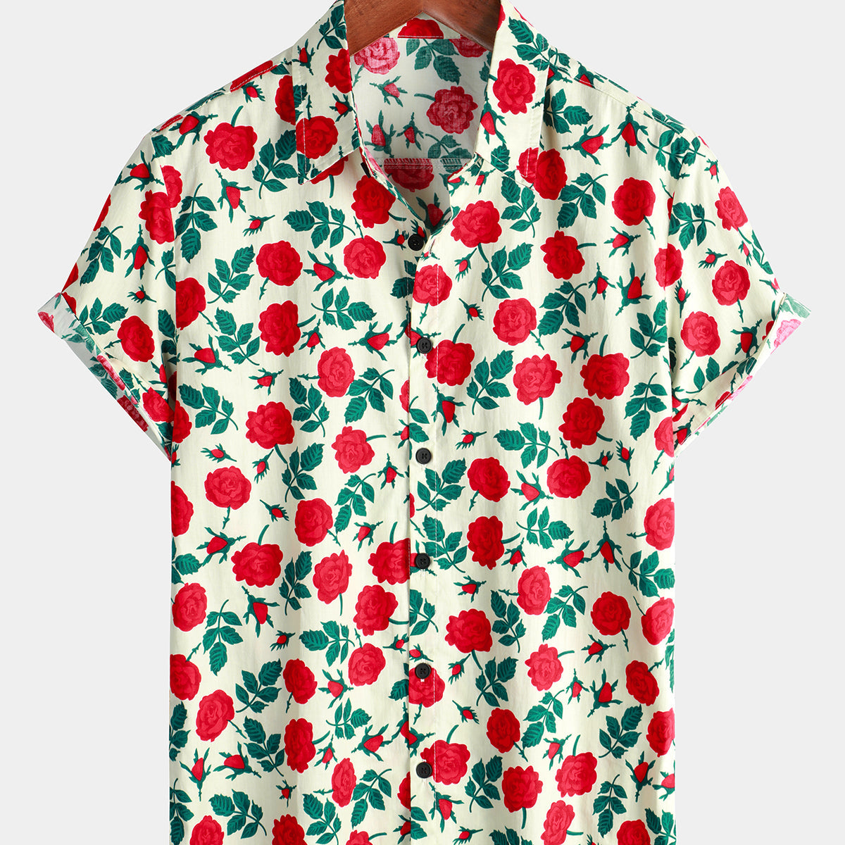 Chemise en coton à manches courtes et imprimé fleur rose pour hommes
