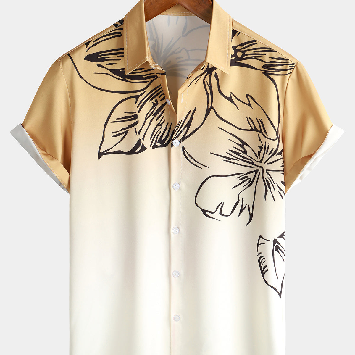 Chemise hawaïenne de plage d'art à manches courtes à fleurs marron et blanc dégradé pour hommes