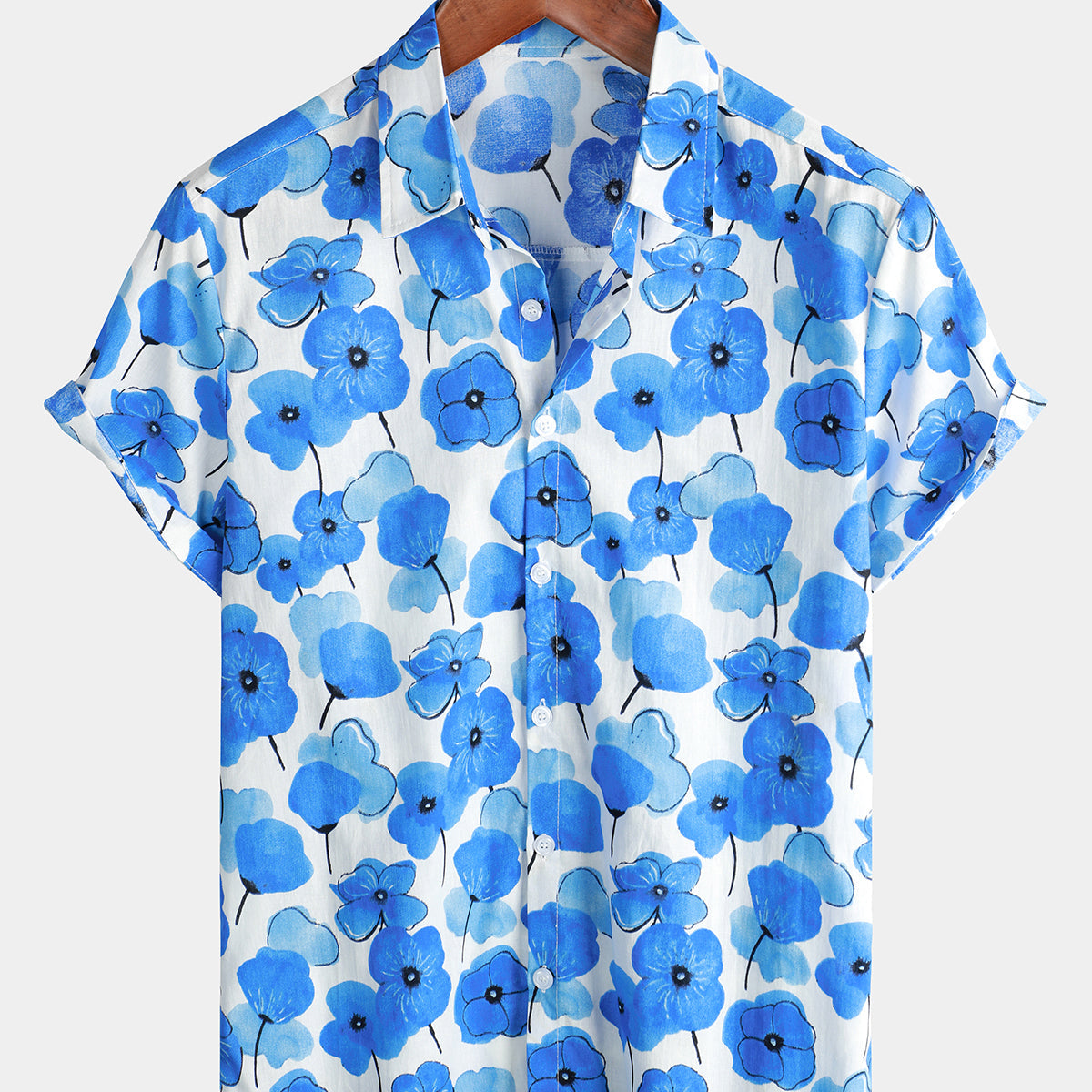 Chemise à manches courtes respirante boutonnée en coton d'été bleue à fleurs pour hommes