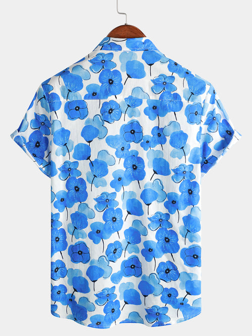 Chemise à manches courtes respirante boutonnée en coton d'été bleue à fleurs pour hommes