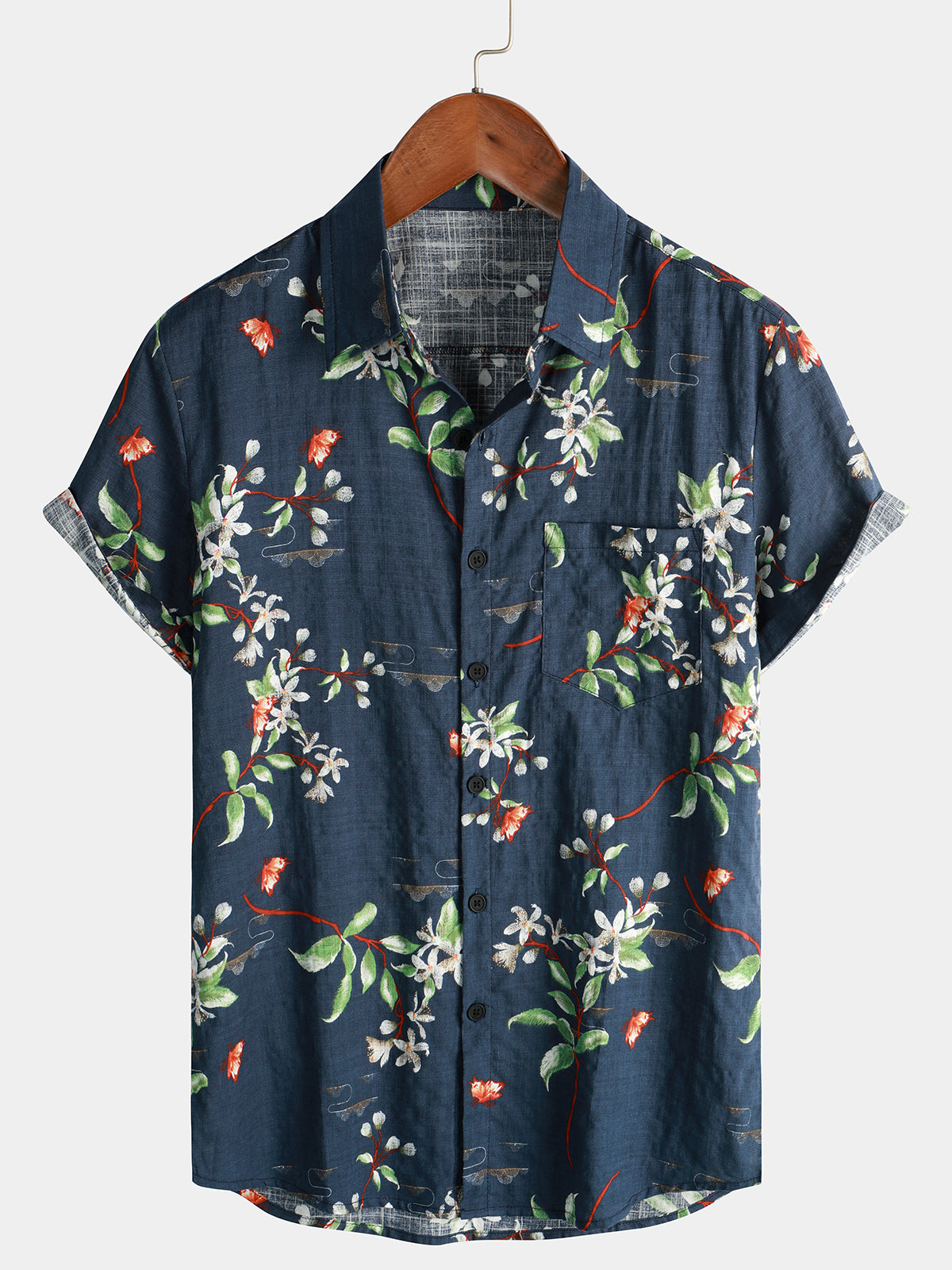 Chemise à manches courtes boutonnée bleu marine à imprimé floral tropical d'été pour hommes