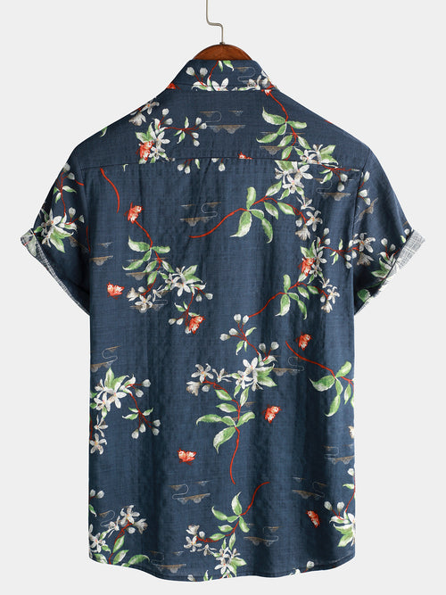Chemise à manches courtes boutonnée bleu marine à imprimé floral tropical d'été pour hommes