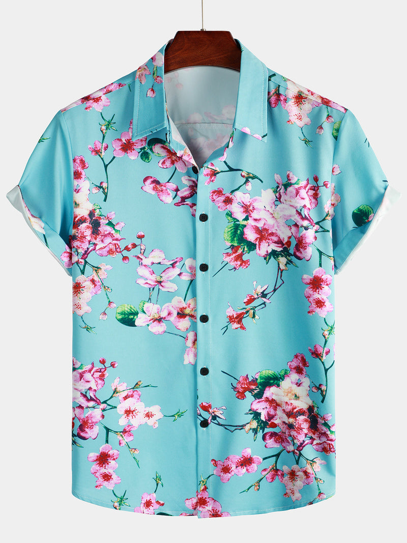 Chemise à manches courtes bleue décontractée à imprimé fleuri de fleurs de cerisier pour hommes
