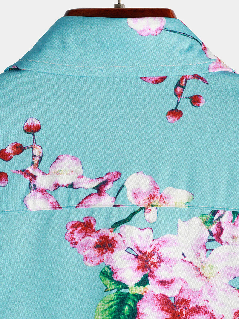 Chemise à manches courtes bleue décontractée à imprimé fleuri de fleurs de cerisier pour hommes