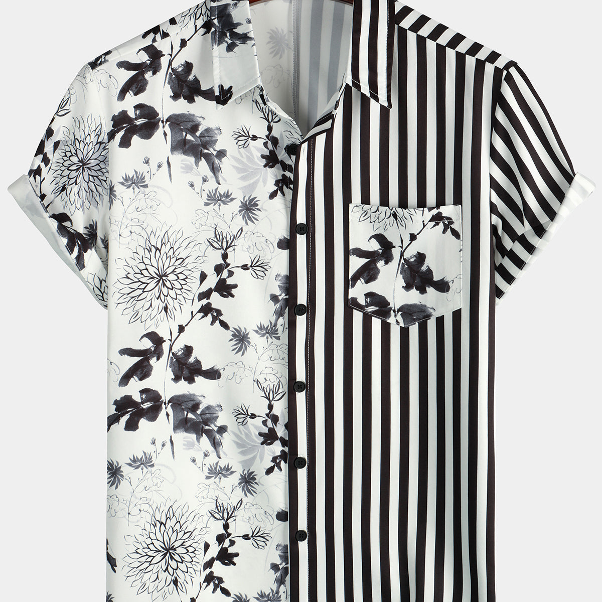 Chemise d'été boutonnée à manches courtes à rayures et à fleurs noires et blanches pour hommes