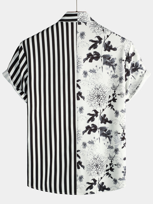 Chemise d'été boutonnée à manches courtes à rayures et à fleurs noires et blanches pour hommes