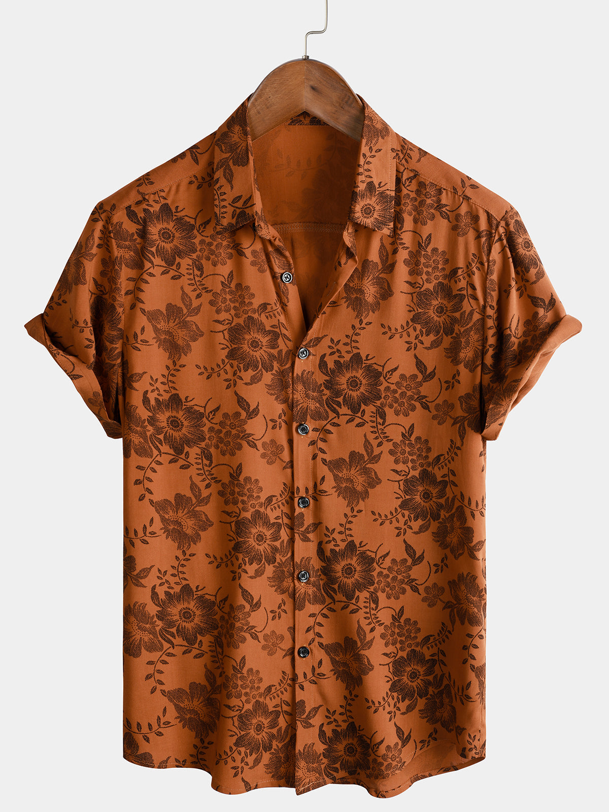 Chemise boutonnée à manches courtes respirante à imprimé floral marron pour homme