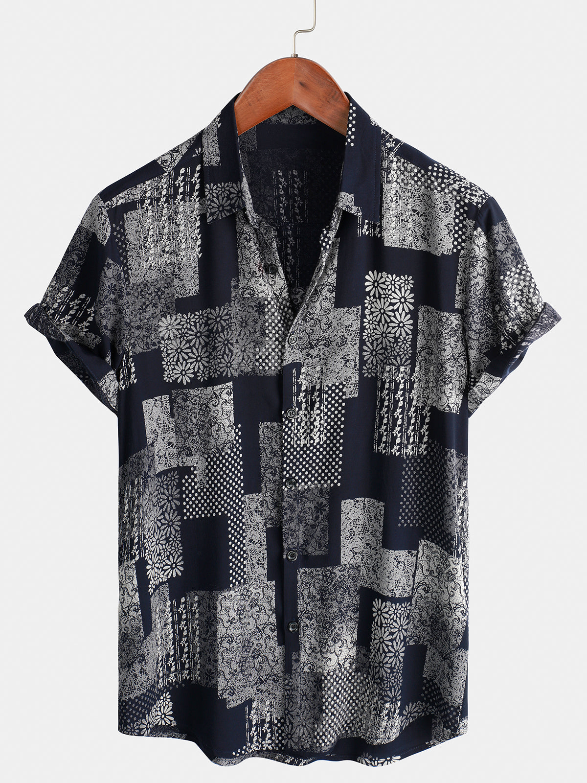 Chemise boutonnée à manches courtes pour homme Patchwork imprimé marguerite florale vintage rétro vacances