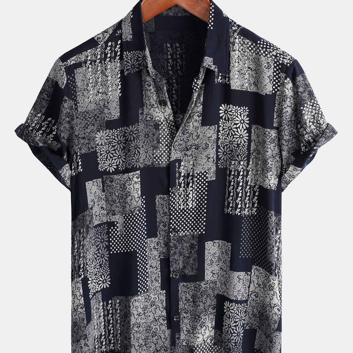 Chemise boutonnée à manches courtes pour homme Patchwork imprimé marguerite florale vintage rétro vacances