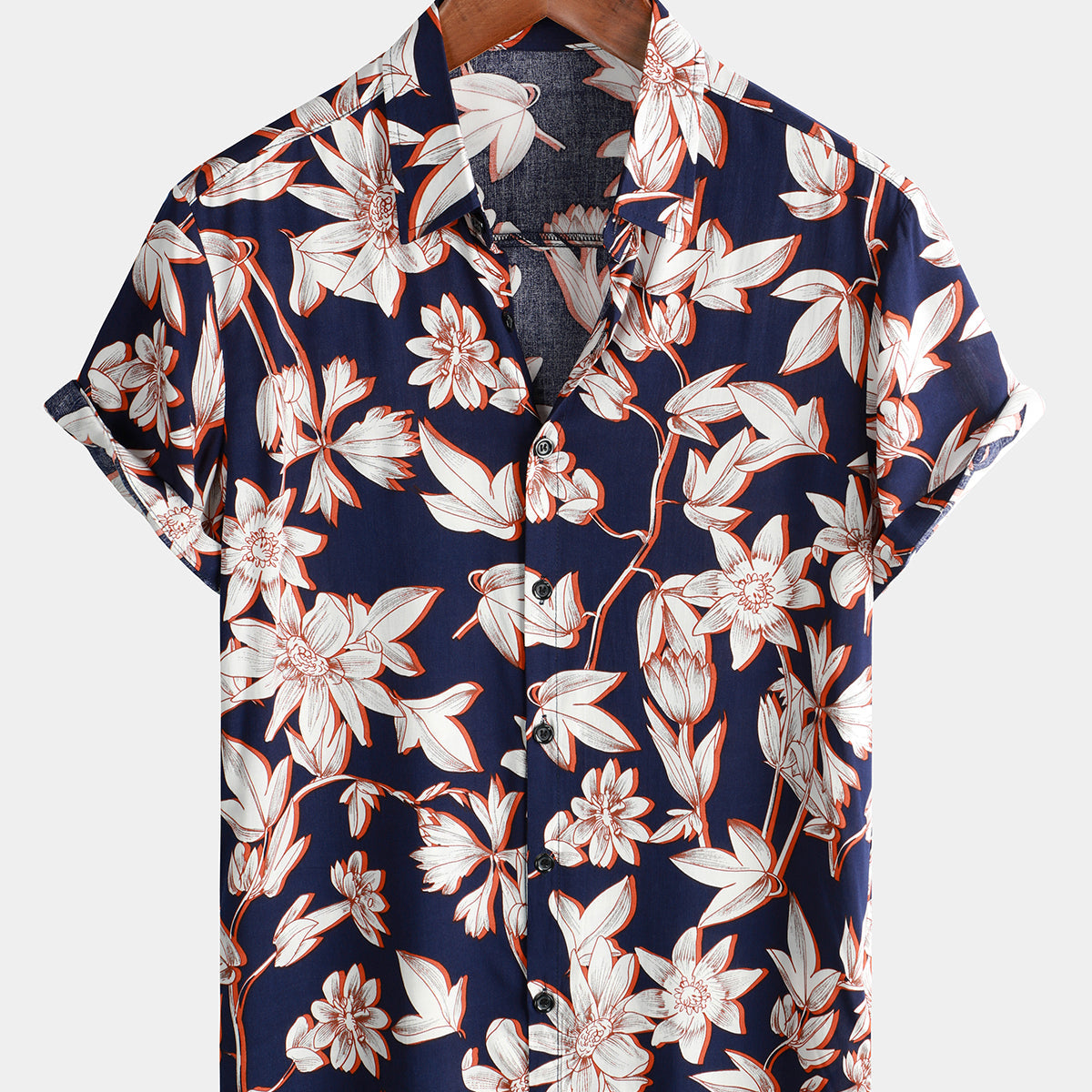 Chemise d'été boutonnée à manches courtes pour homme à imprimé floral bleu marine vintage