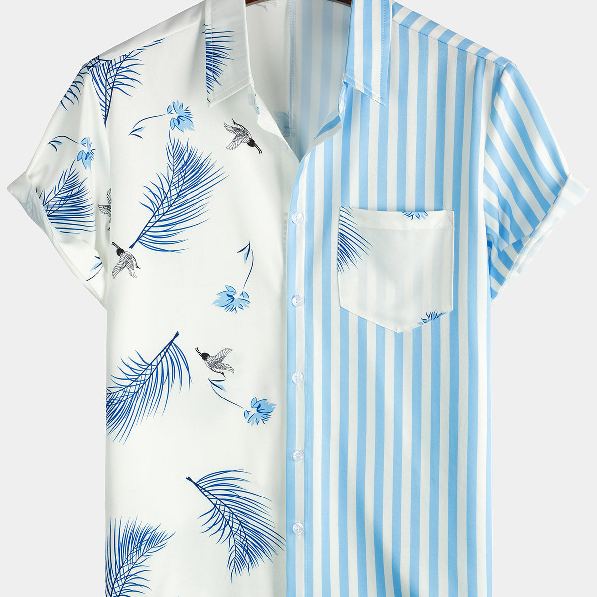 Chemise d'été à manches courtes pour homme bleue à rayures et à imprimé feuilles