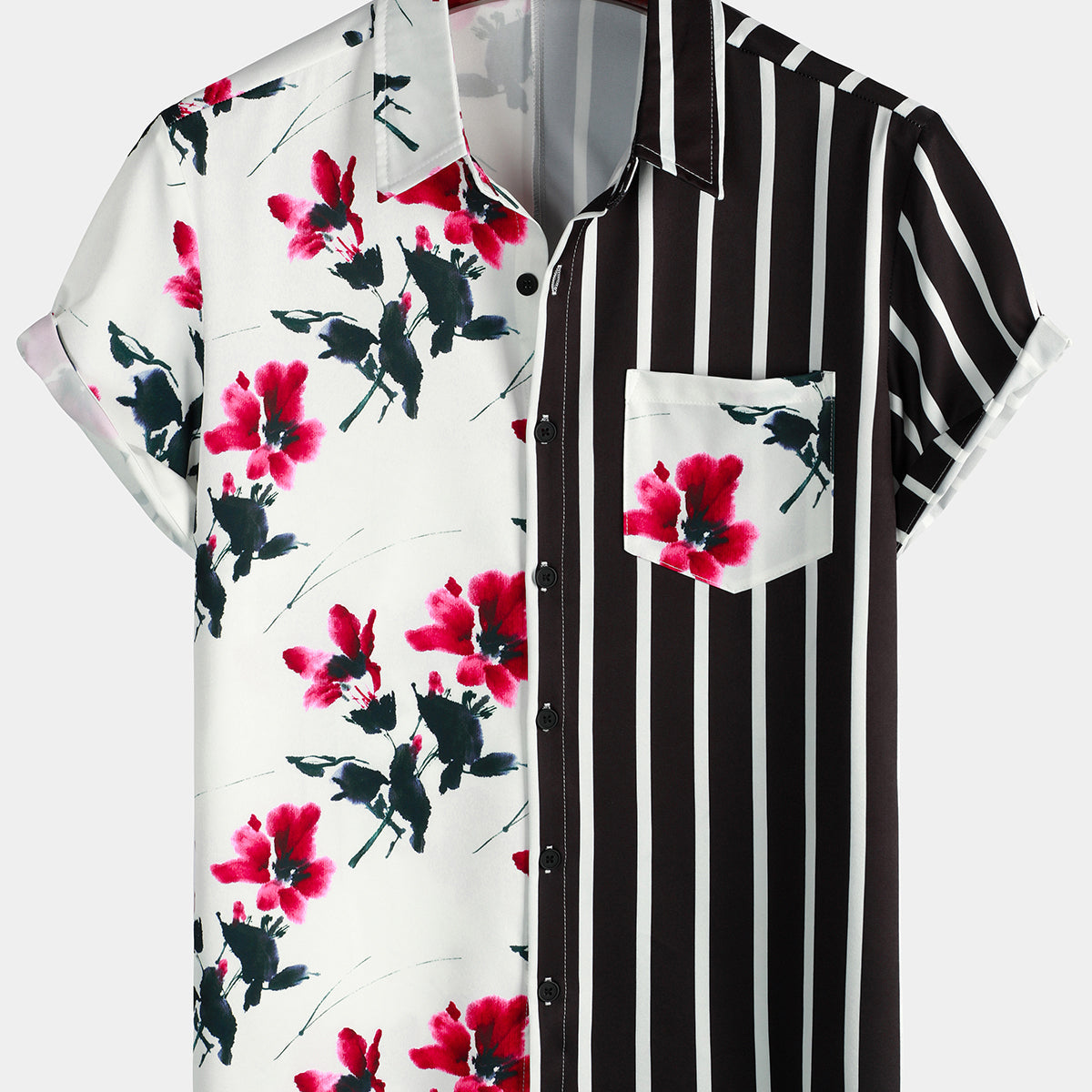 Chemise d'été rayée et rouge à imprimé floral pour hommes