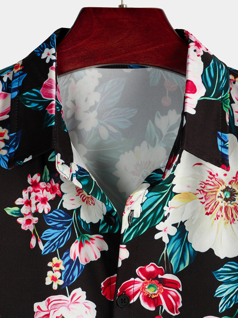 Chemise à manches courtes noire à imprimé floral pour hommes