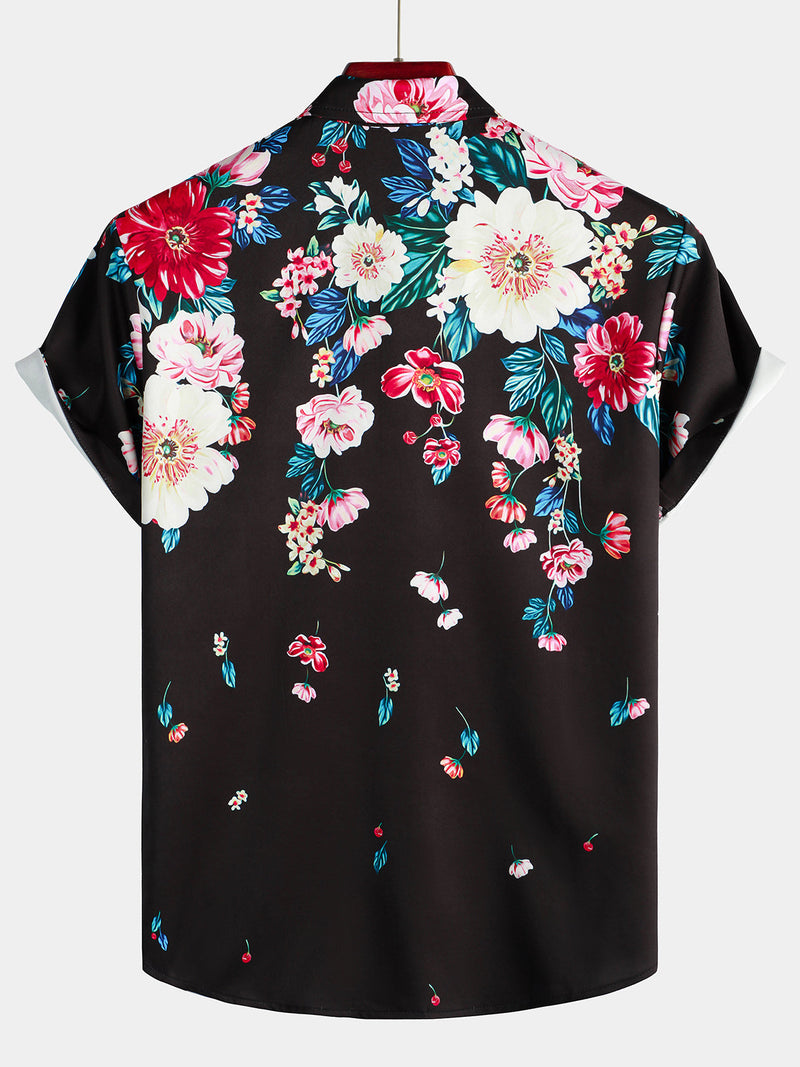 Chemise à manches courtes noire à imprimé floral pour hommes