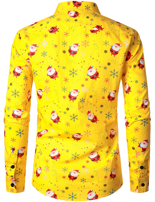 Chemise à manches longues jaune en coton doux à imprimé Père Noël pour homme