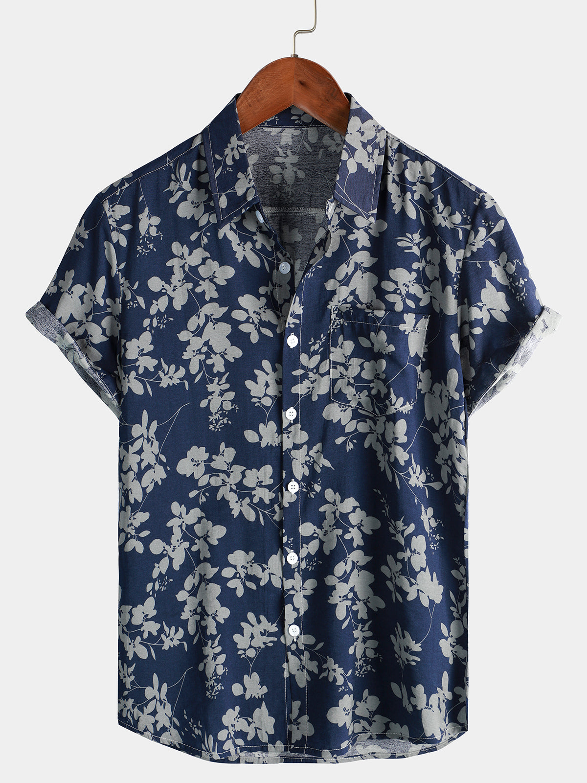 Chemise boutonnée à manches courtes bleu marine à imprimé floral vintage pour hommes